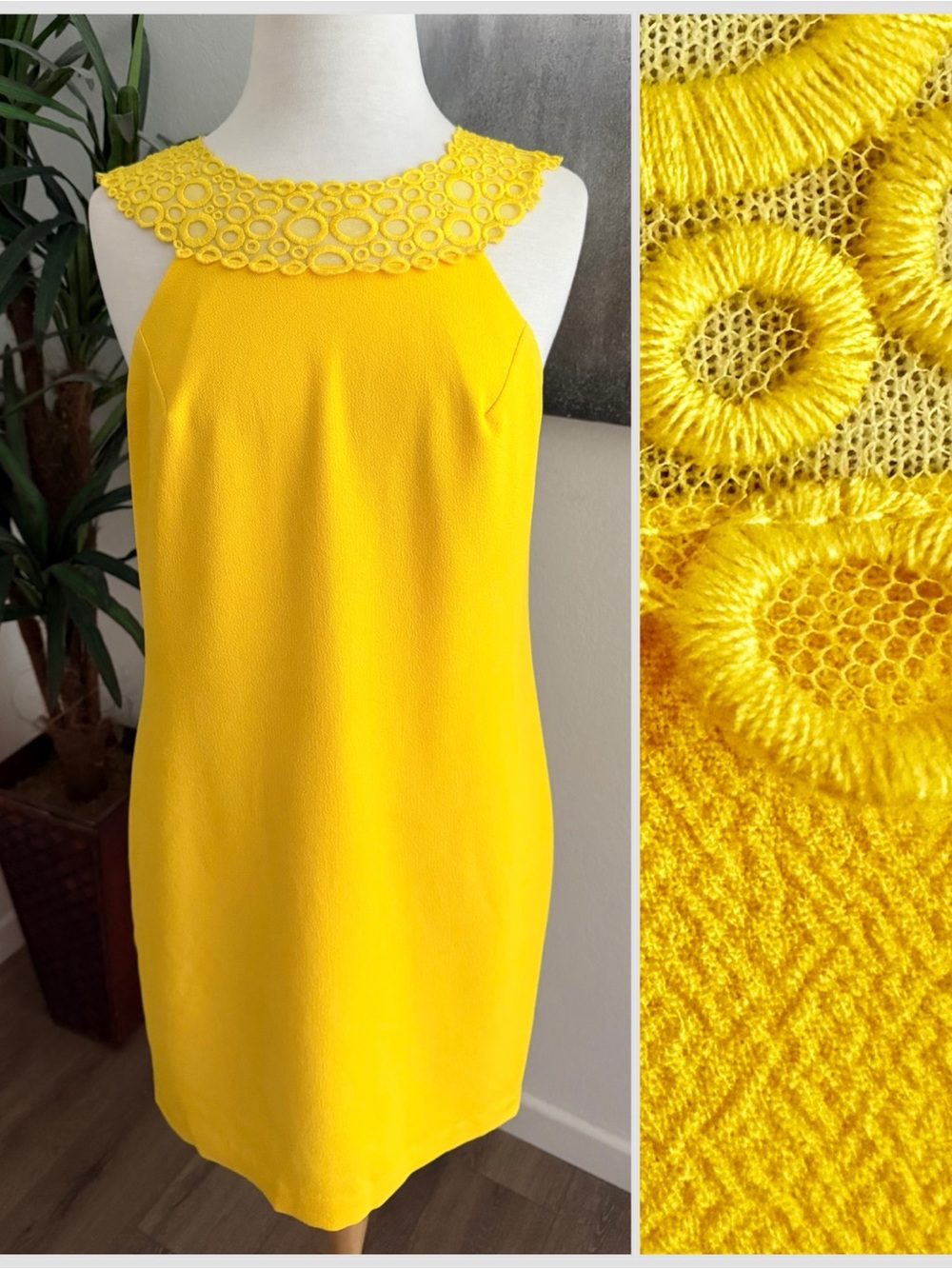 Trina Turk Yellow Lace Collar Sheath Dress Tailored Fit Keyhole Back Fully Lined
